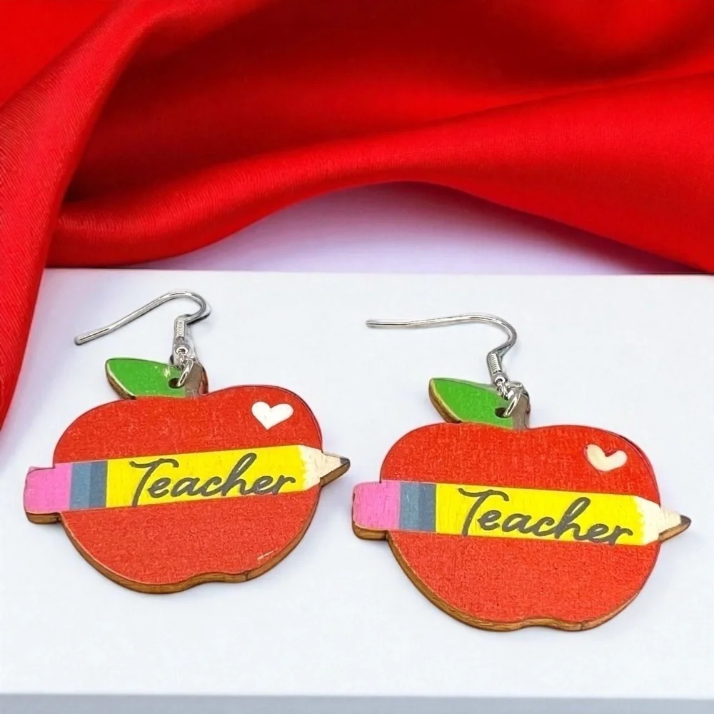 Teacher Apple & Pencil Wooden Earrings Back to School NWT